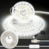 A round USB LED strip light with a remote control and power cord is shown above various applications.