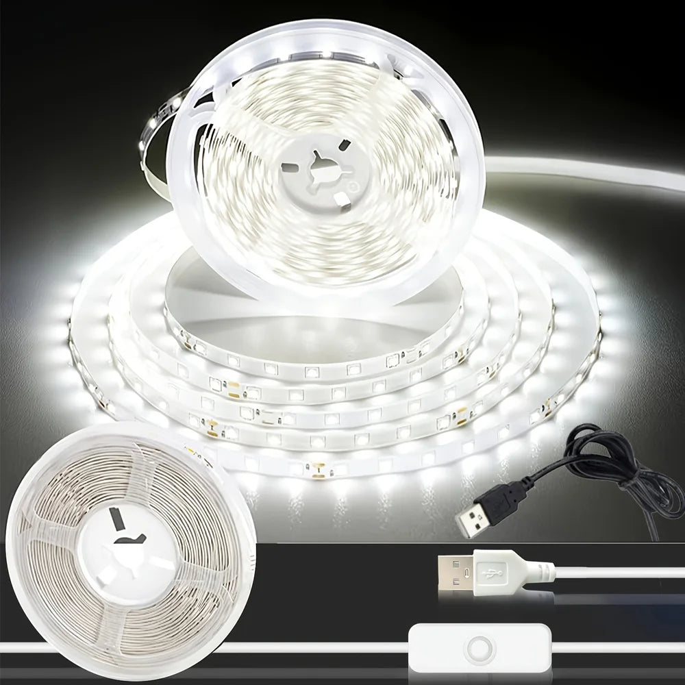A round USB LED strip light with a remote control and power cord is shown above various applications.