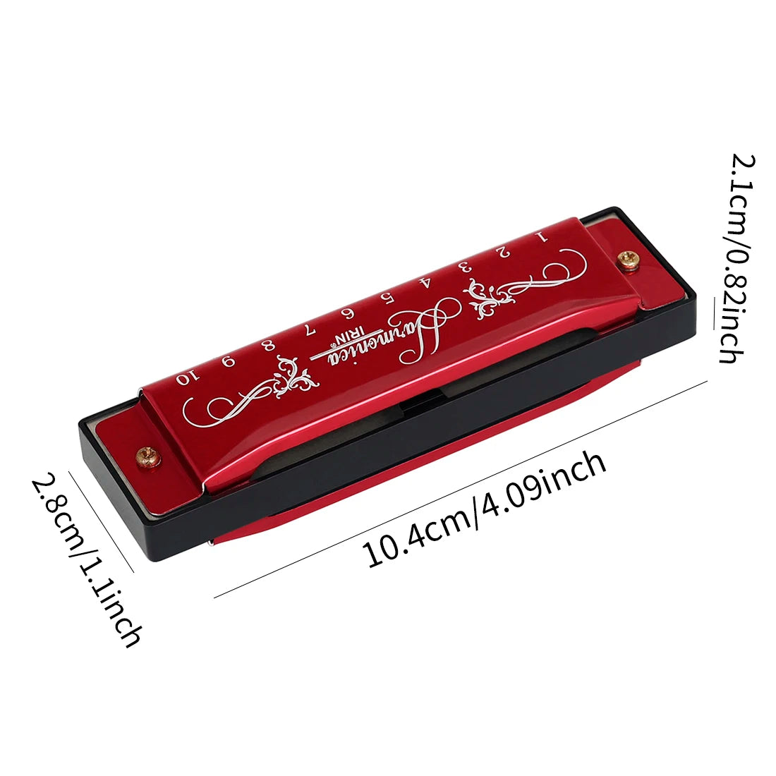 A red harmonica with a silver key is shown from the side, highlighting its size and design.