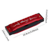 A red harmonica with a silver key is shown from the side, highlighting its size and design.