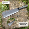 A forged steel knife with a blade and handle shown on a stone surface, detailing its dimensions.