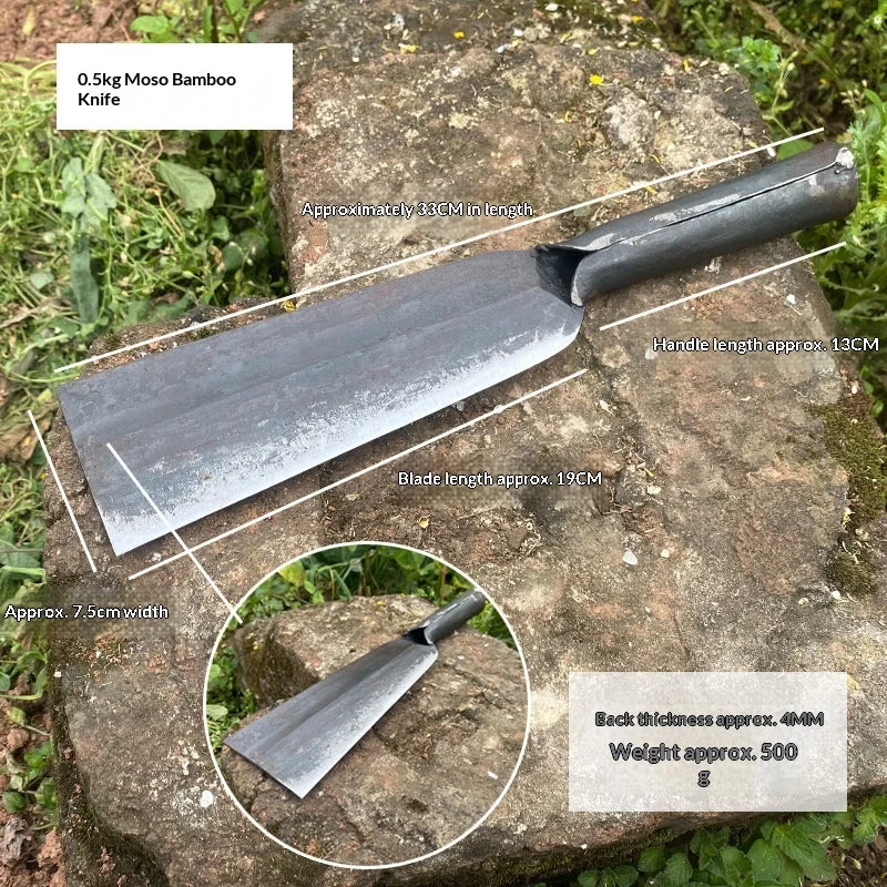 A forged steel knife with a blade and handle shown on a stone surface, detailing its dimensions.