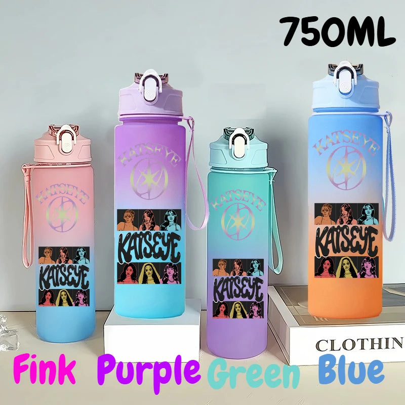 A set of five 750ml portable sports water bottles in pink, purple, green, and blue colors displayed on a white surface.