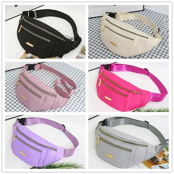 Eine Kollektion von Damen-Sport-Fanny Packs in Schwarz, Beige, Pink und Lila.