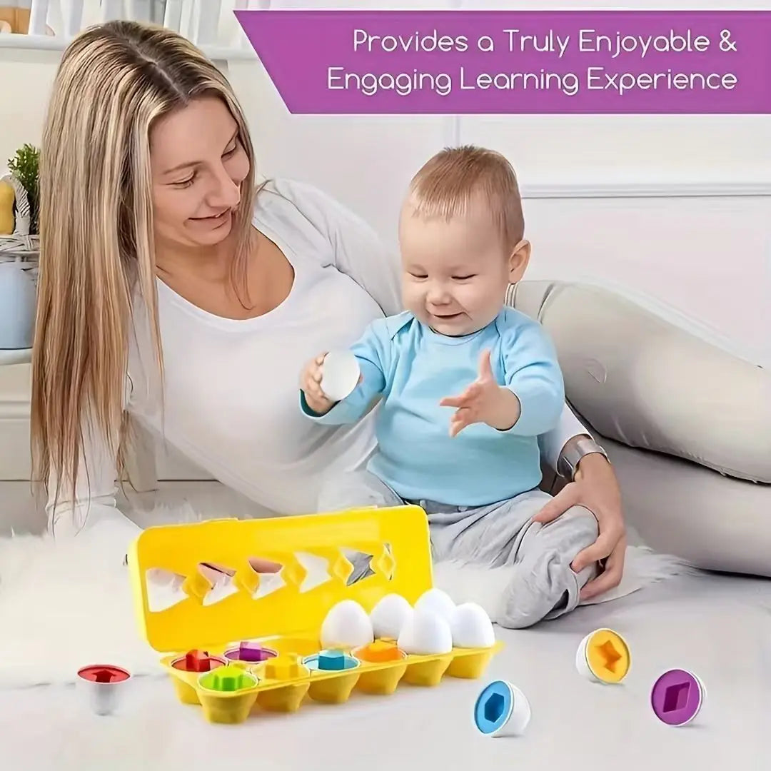 A baby is interacting with yellow plastic egg shape sorting puzzle toys on a white surface.