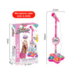 A pink and white microphone stand for kids with a built-in speaker and colorful base.