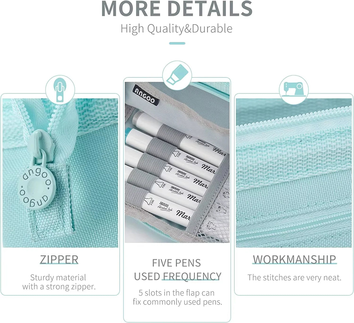 A light blue canvas pencil case featuring a zipper closure and five slots for pens.