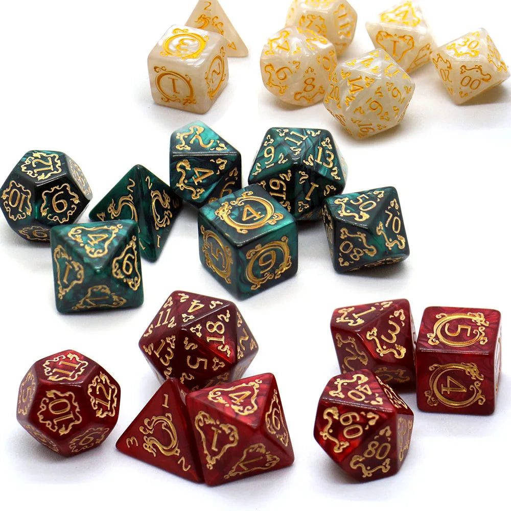 A collection of dragon-embellished polyhedral dice in various colors and sizes for tabletop role-playing games