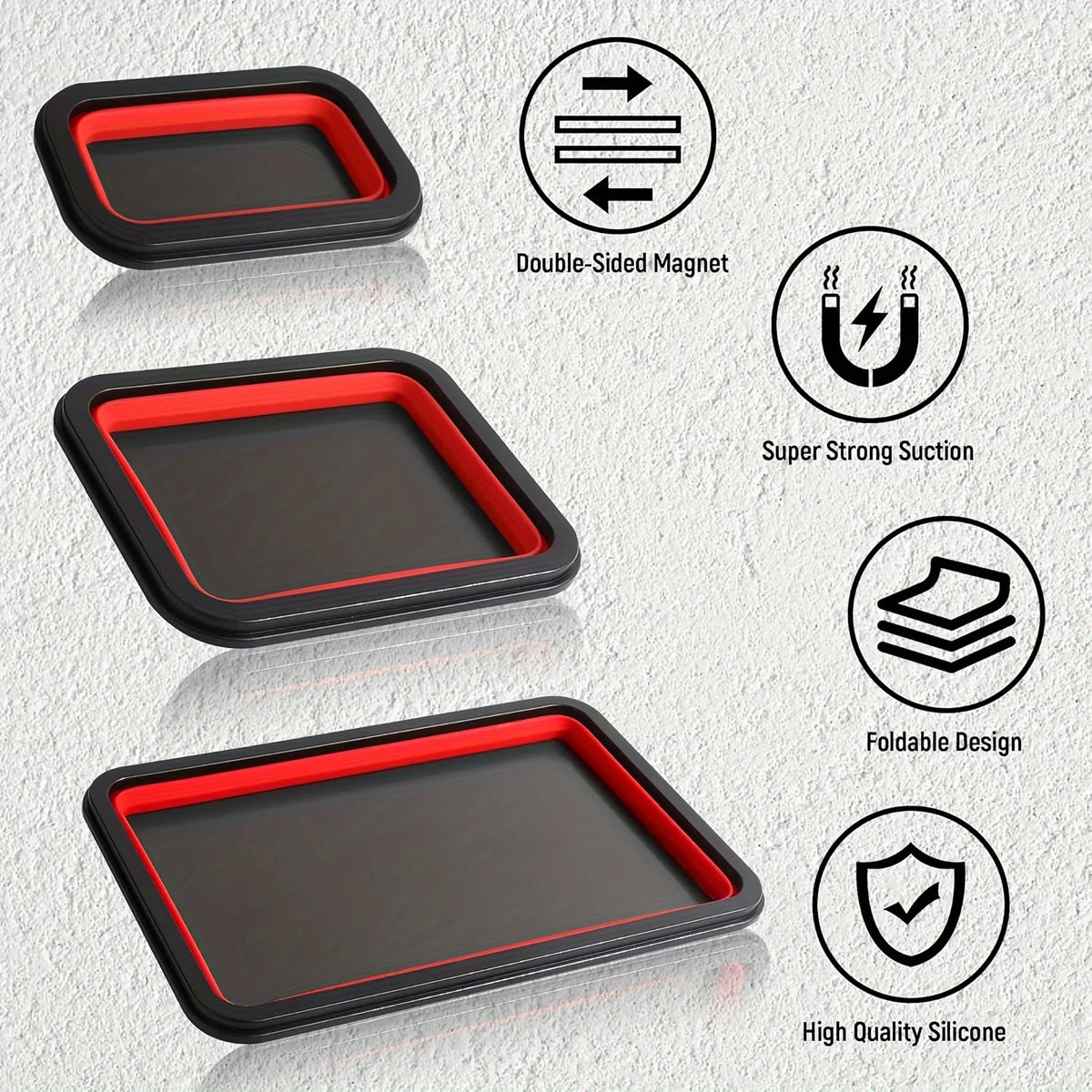 A set of three black silicone magnetic parts trays with a red trim, demonstrating double-sided magnet, strong suction, foldab