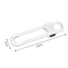 A white adjustable U-shaped child safety cabinet lock with a handle and knob.