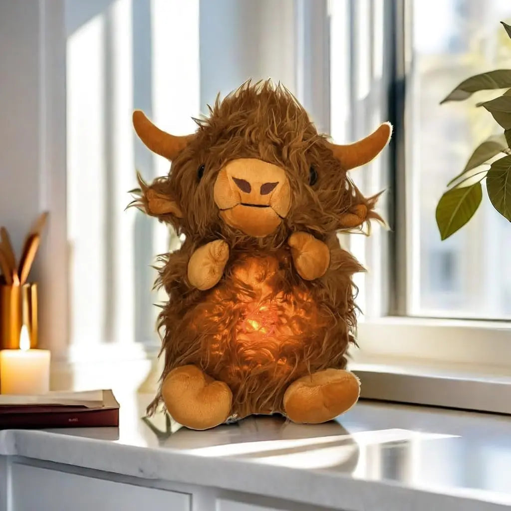 A fluffy brown Highland cow plush toy with glowing eyes sitting on a windowsill.