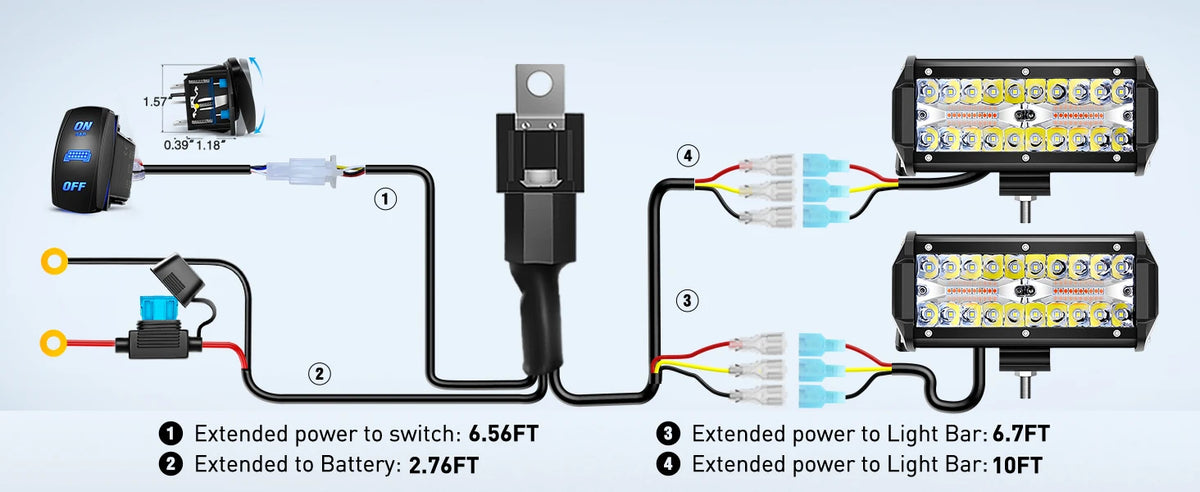 Wiring harness kit showing extended power connections for a strobe light, including power to a switch, battery, and light bar