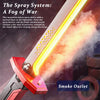 A close-up of a glowing sword with a smoke outlet, demonstrating the spray system effect.