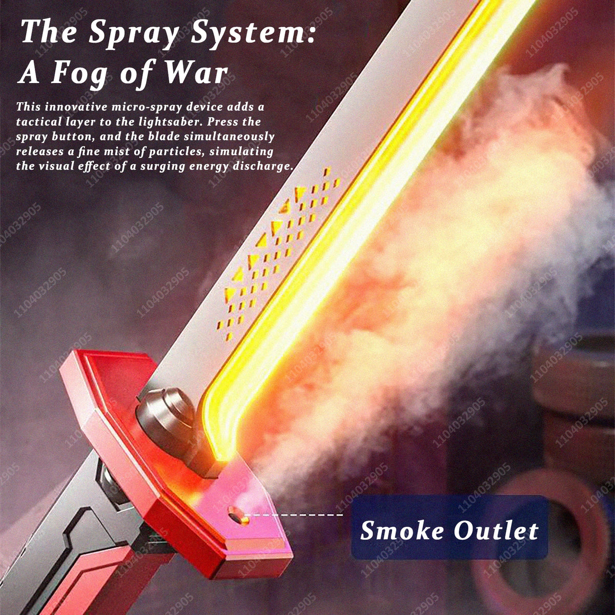 A close-up of a glowing sword with a smoke outlet, demonstrating the spray system effect.