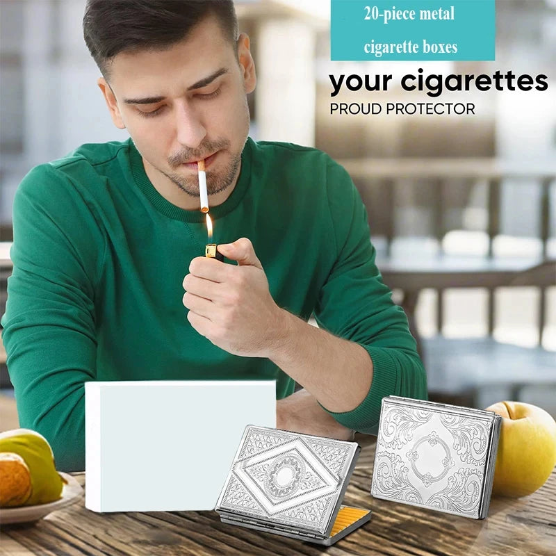 A man holds a metal cigarette box while a classic stainless steel cigarette case with an embossed pattern is displayed on a w