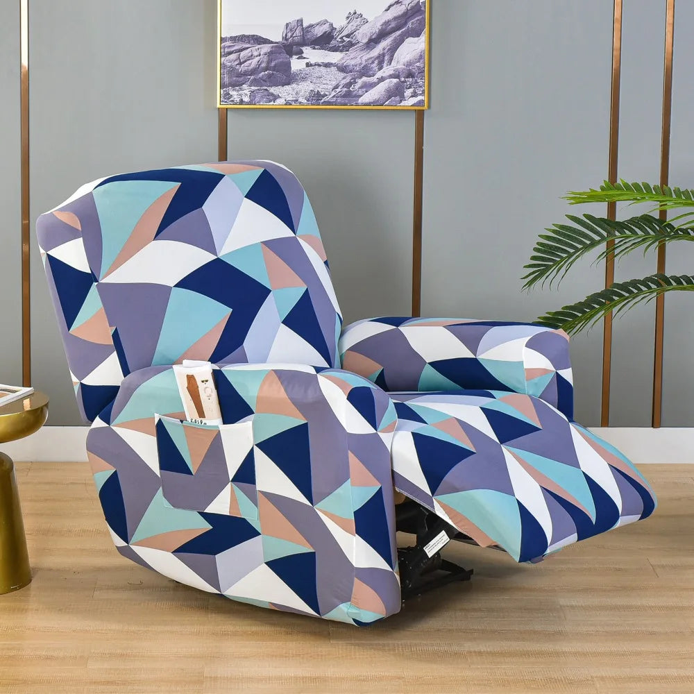 Printed Recliner Cover with Side Pocket — 4-Piece Set