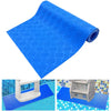 Blue non-slip swimming pool ladder mat with a textured surface shown in various contexts.