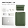 A dark olive green storage case holding various accessories and a laptop sleeve.