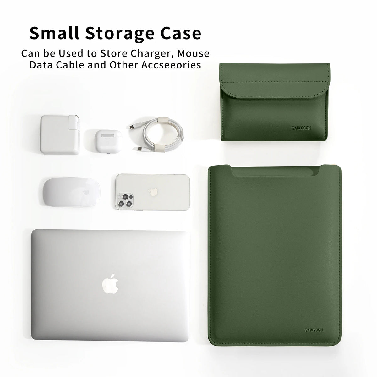 A dark olive green storage case holding various accessories and a laptop sleeve.