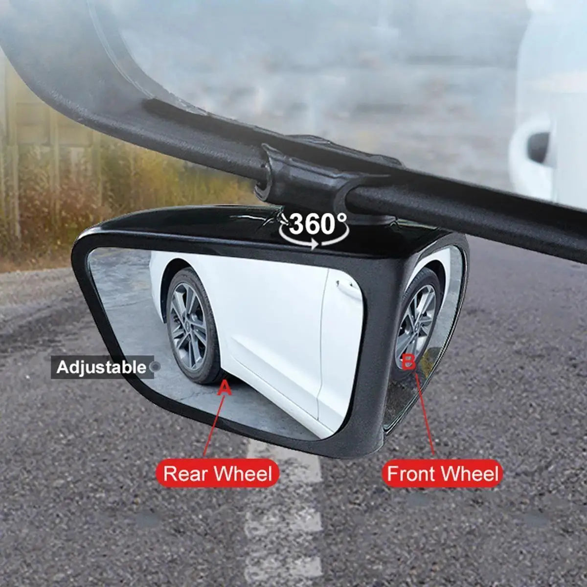 A close-up view of a 360 degree adjustable blind spot mirror installed on a car, showing the rear and front wheels.