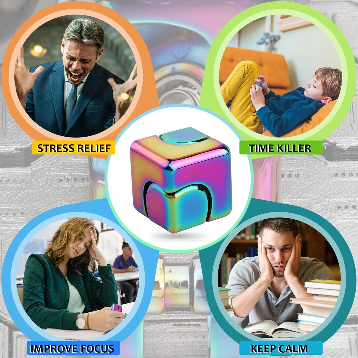 A colorful alloy metal fidget cube spinner used for stress relief, focus improvement, and calming.