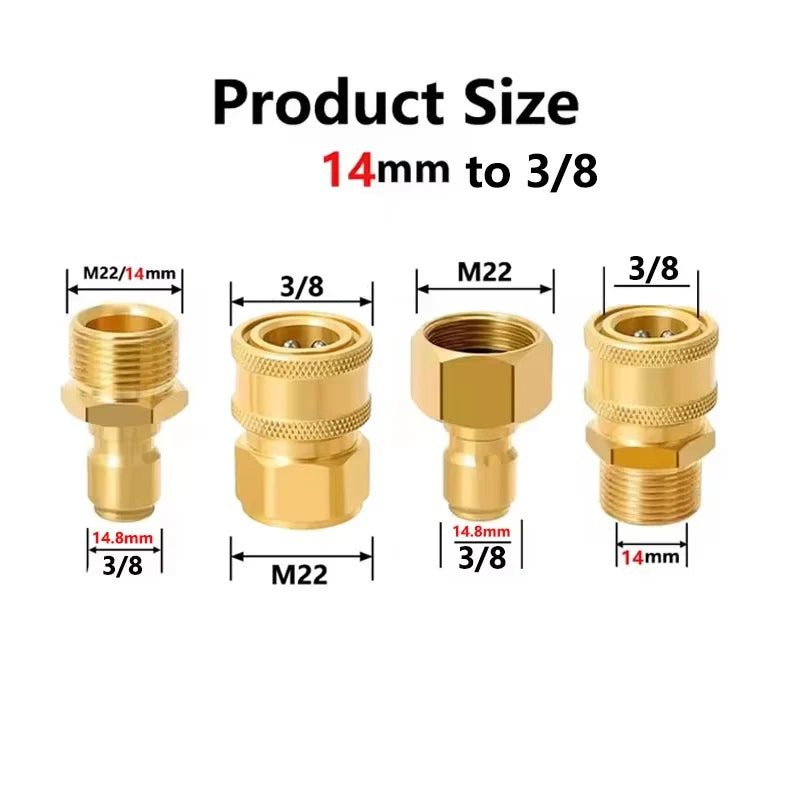 Set of brass quick-connect adapters for M22 to 3/8 thread sizes, showing various sizes.