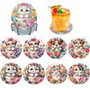 A set of DIY diamond painting coasters featuring cute animal designs in various colors and patterns.