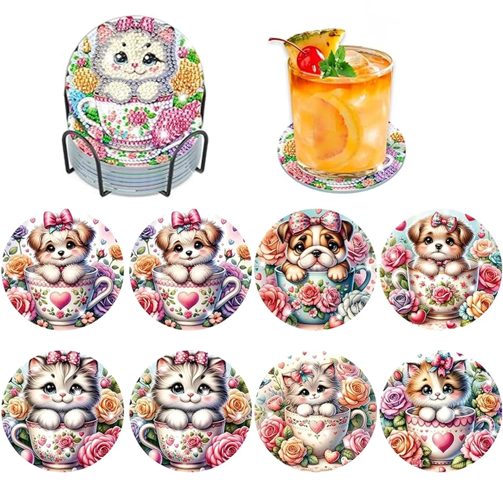 A set of DIY diamond painting coasters featuring cute animal designs in various colors and patterns.
