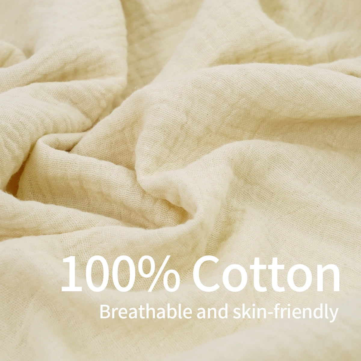 Close-up of a light beige, breathable 100% cotton fabric draped and folded.