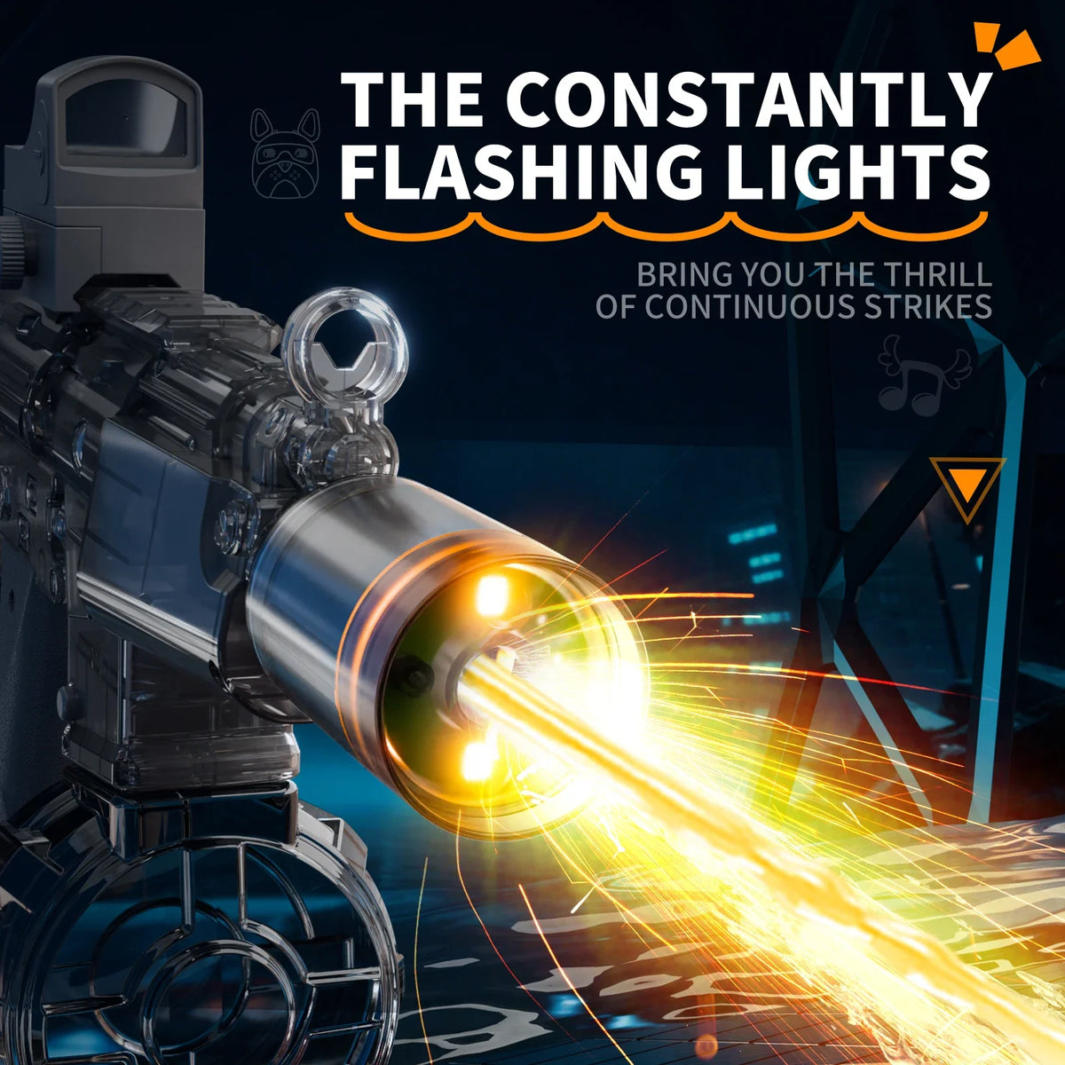 Close-up of an electric water gun firing a bright yellow light beam against a dark background.