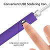 A purple soldering iron pen is shown being operated by a finger to switch it on or off.