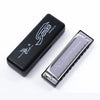 A black case and a silver 10-hole C key diatonic harmonica are shown on a white background.