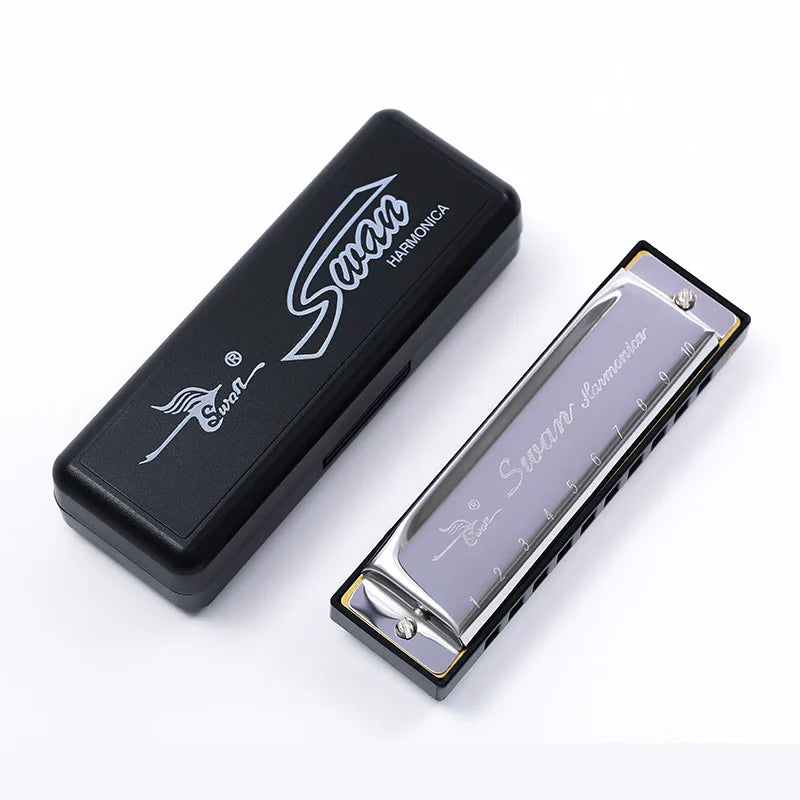 A black case and a silver 10-hole C key diatonic harmonica are shown on a white background.
