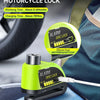 A lime green motorcycle disc brake lock device with an alarm disc lock is shown next to a bicycle tire.