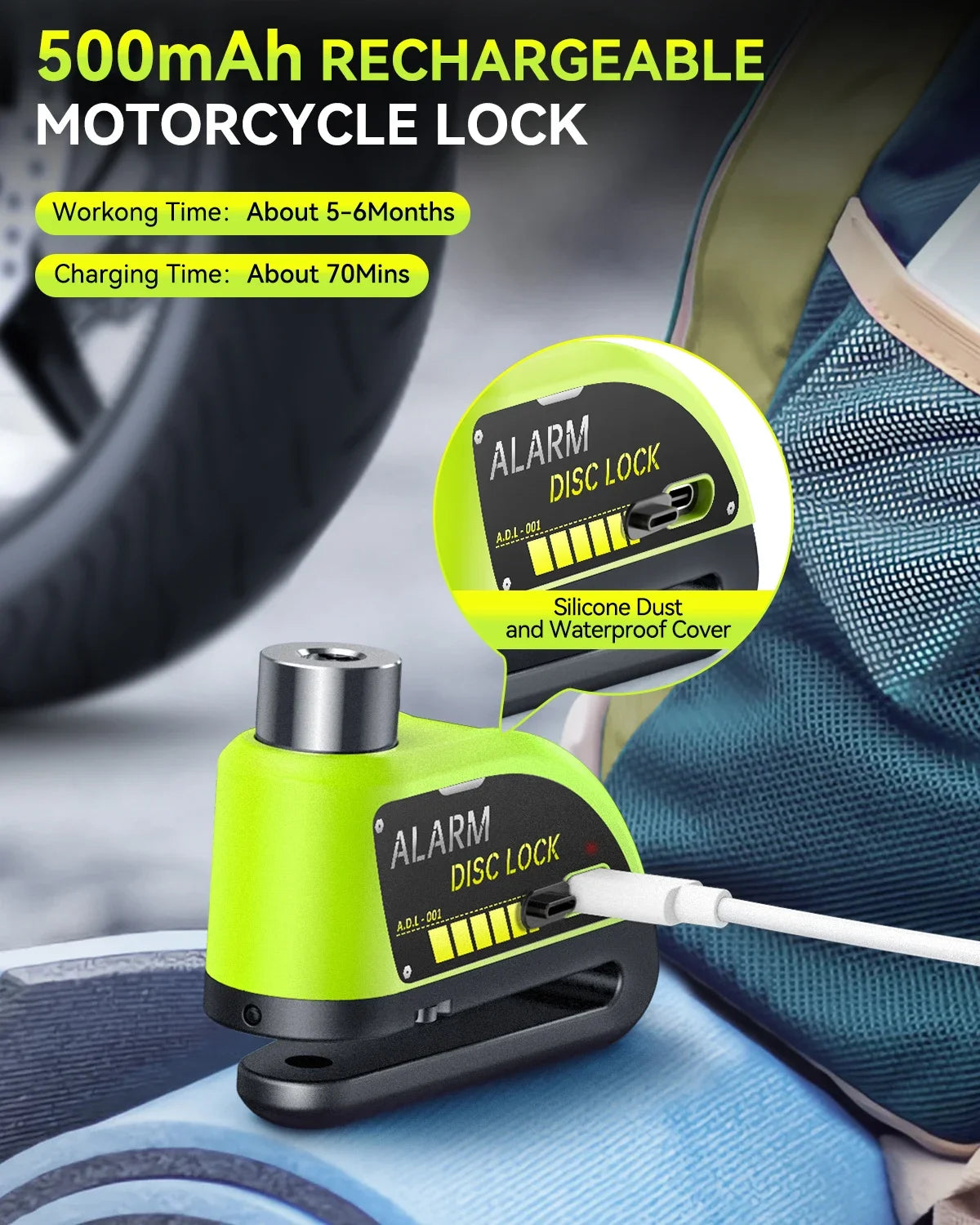 A lime green motorcycle disc brake lock device with an alarm disc lock is shown next to a bicycle tire.
