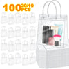 A set of 100 transparent PVC gift tote bags with hand loops stacked in a clear plastic container.