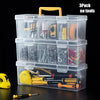 A 3 pack of transparent multi-compartment hardware storage boxes filled with various tools and hardware.