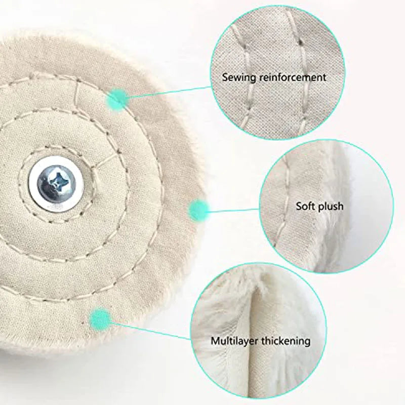 Close-up view of a beige cotton buffing wheel with sewing reinforcement, soft plush, and multilayer thickening features.