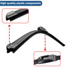 Close-up views of high quality black plastic components for a universal frameless windshield wiper blade.