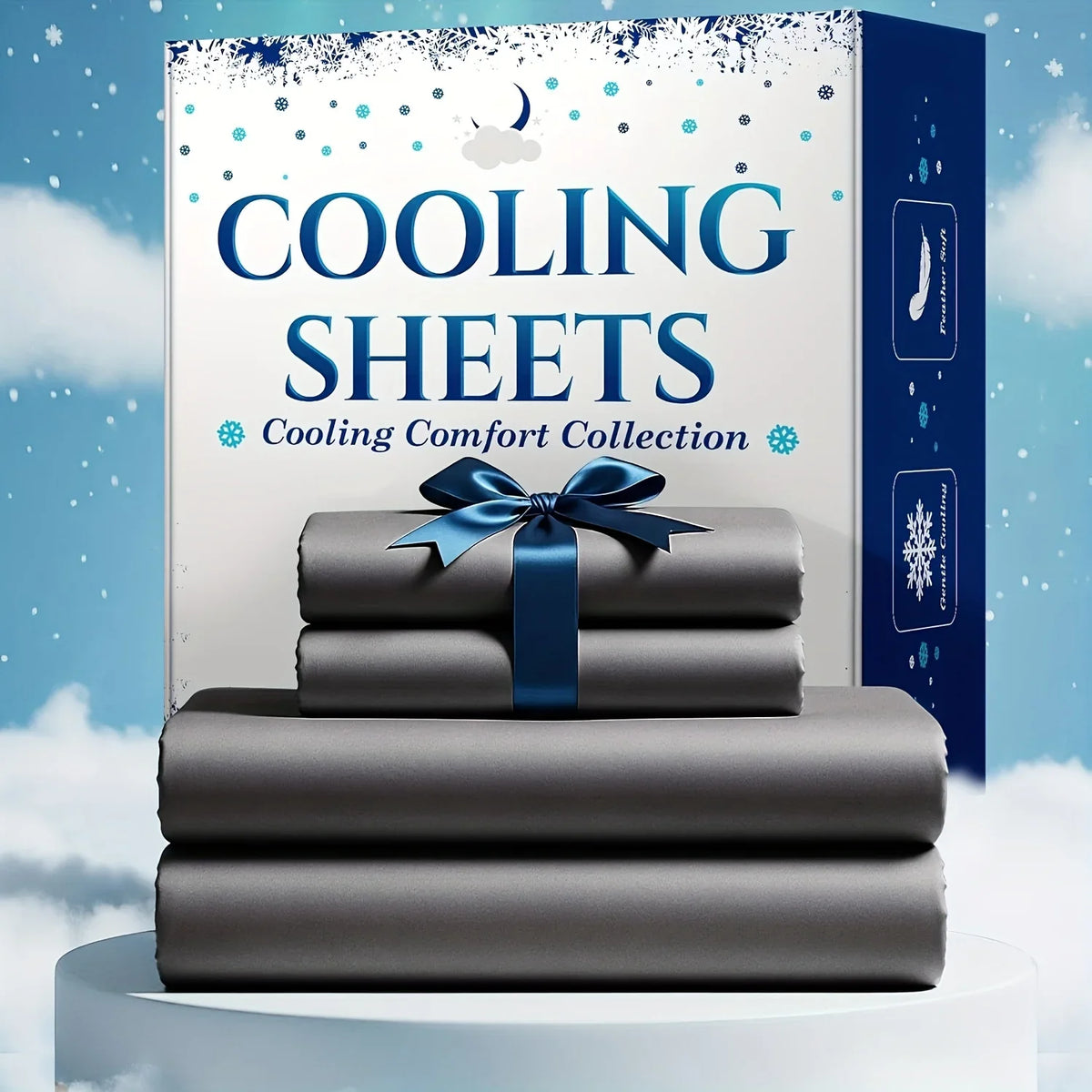 A stack of dark gray cooling sheets is displayed in front of a box labeled Cooling Sheets.