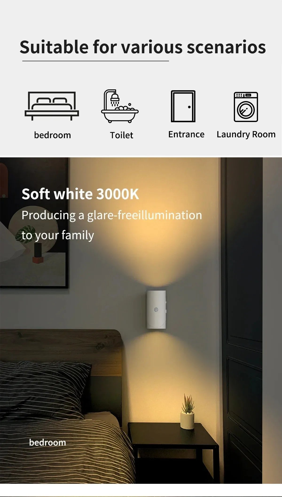 A soft white wall light illuminates a bedroom setting, demonstrating glare-free illumination.