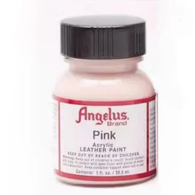 A bottle of Angelus Pink Acrylic Leather Paint with a black cap.