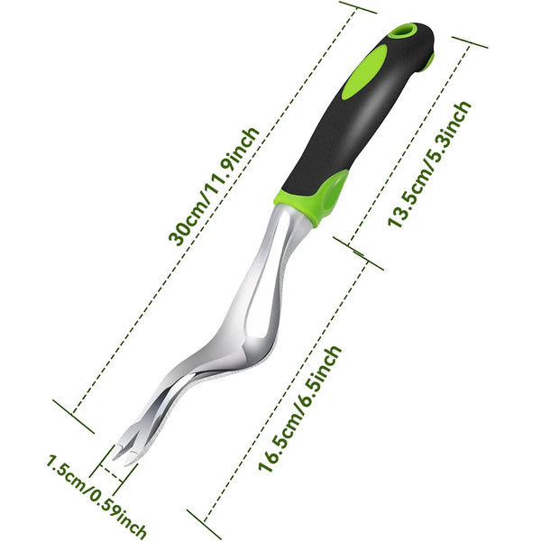 Outil ergonomique de désherbage avec manche noir et vert lime, tige en aluminium