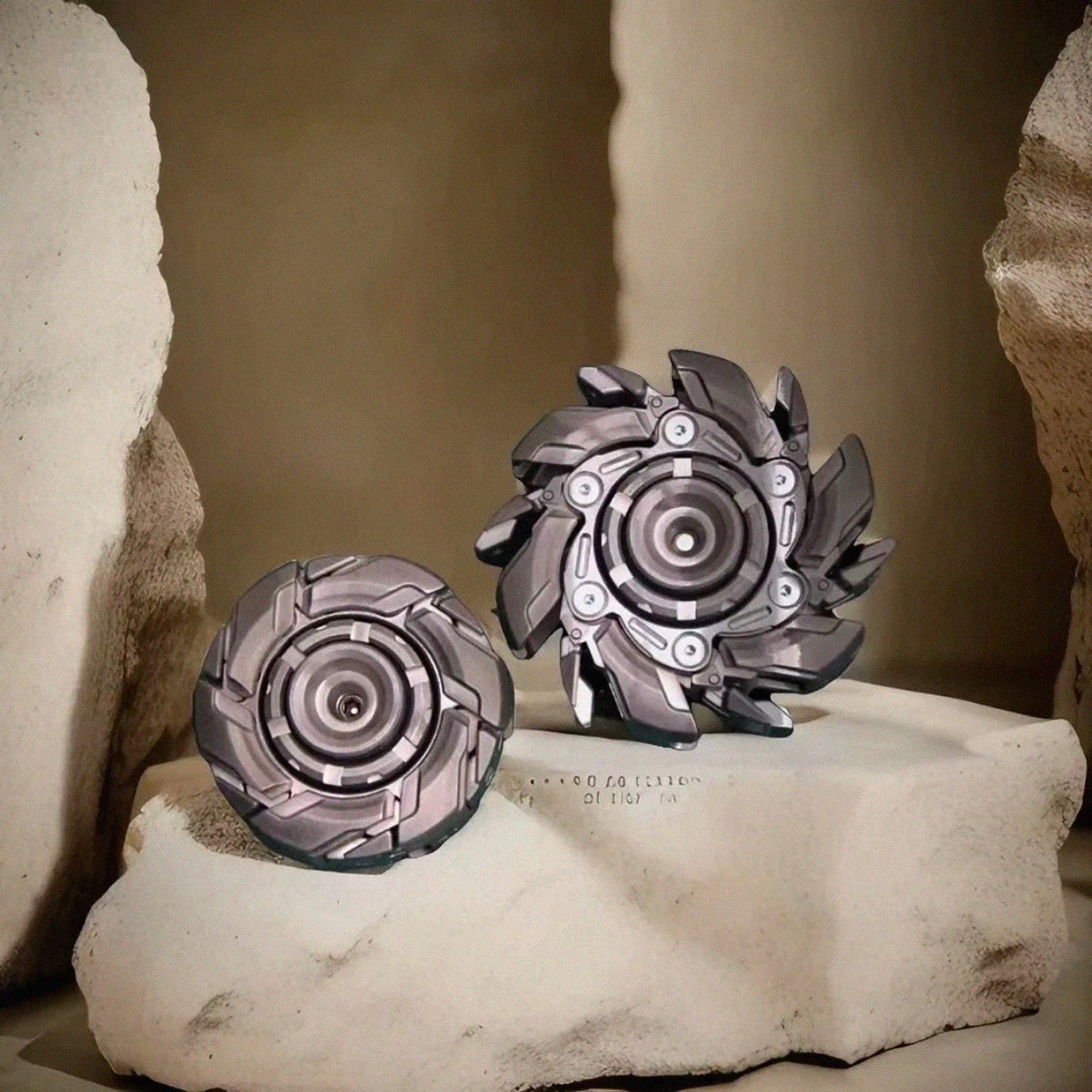 A silver fidget spinner rests on a white rock, displayed against a neutral background.