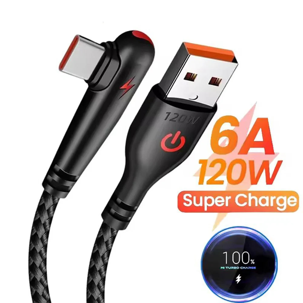 120W Fast Charging USB-C Cable with 90° Elbow Design