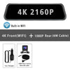 A black dash cam featuring a 4K front camera with built-in WiFi and a 1080P rear camera connected by a 6M cable.