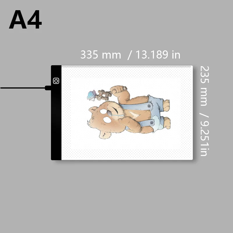 A transparent LED tracing light for artists showing a drawing of a bear.
