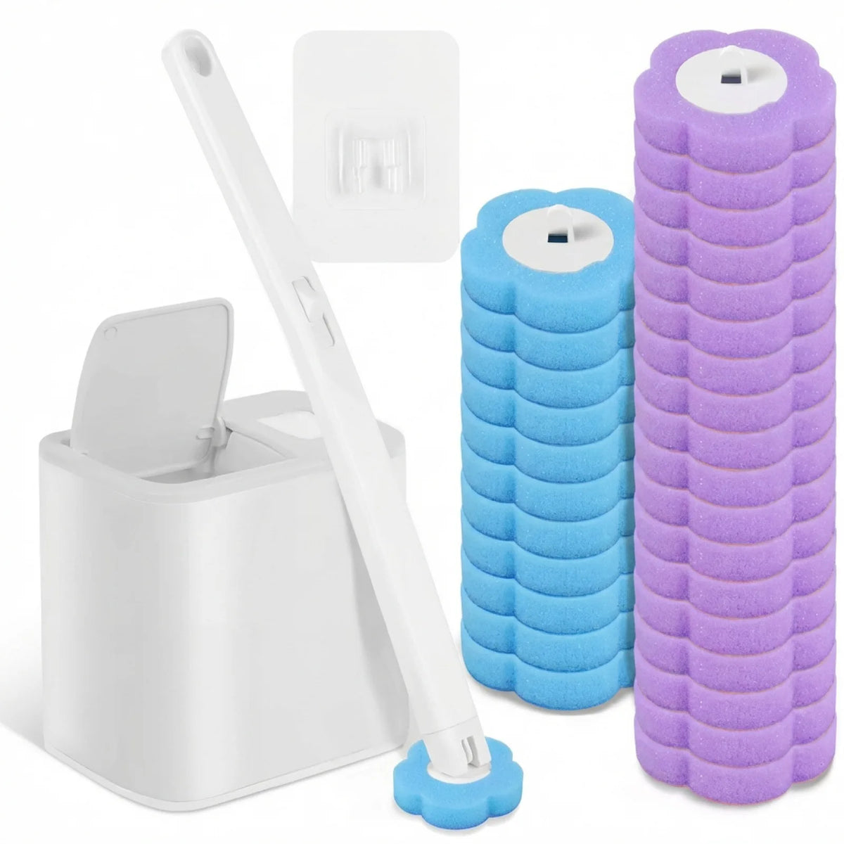 A wall-mounted toilet brush set showing a white brush, a white holder, and a purple foam brush head.
