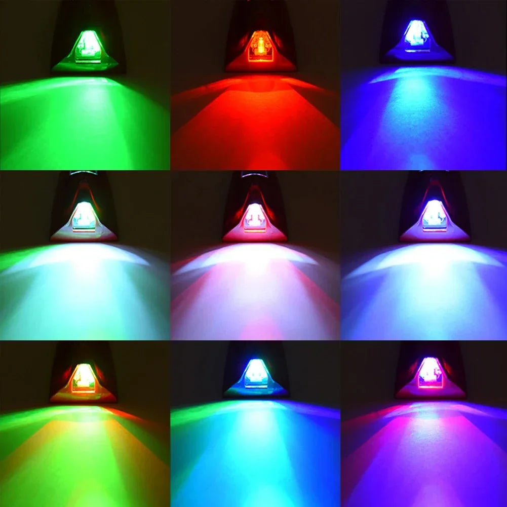 A series of eight images showing a solar-powered shark fin antenna with an LED safety light emitting various colors including