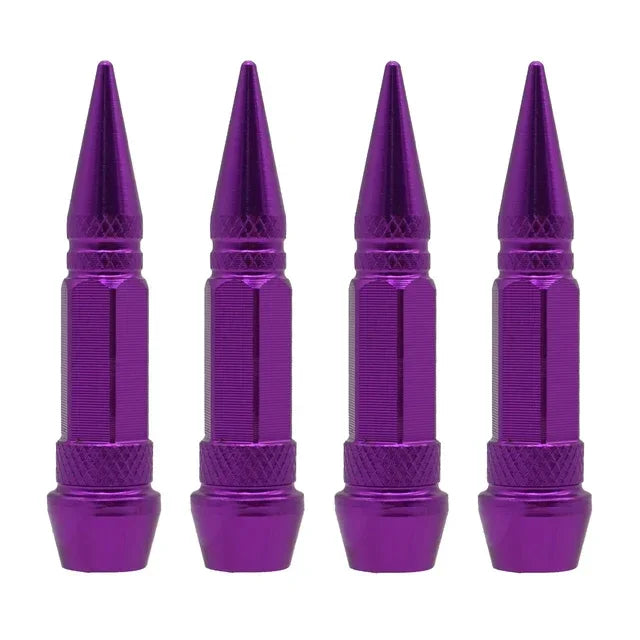 A set of universal bullet head screws for tires and valves in purple finish.